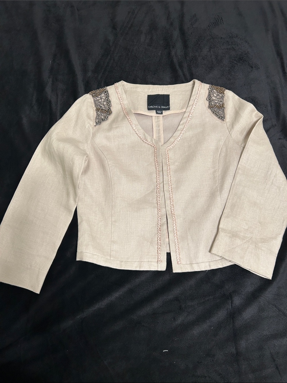 Harlowe & Graham Embellished Shoulder Open-Front Jacket - Cream with Pink Trim
